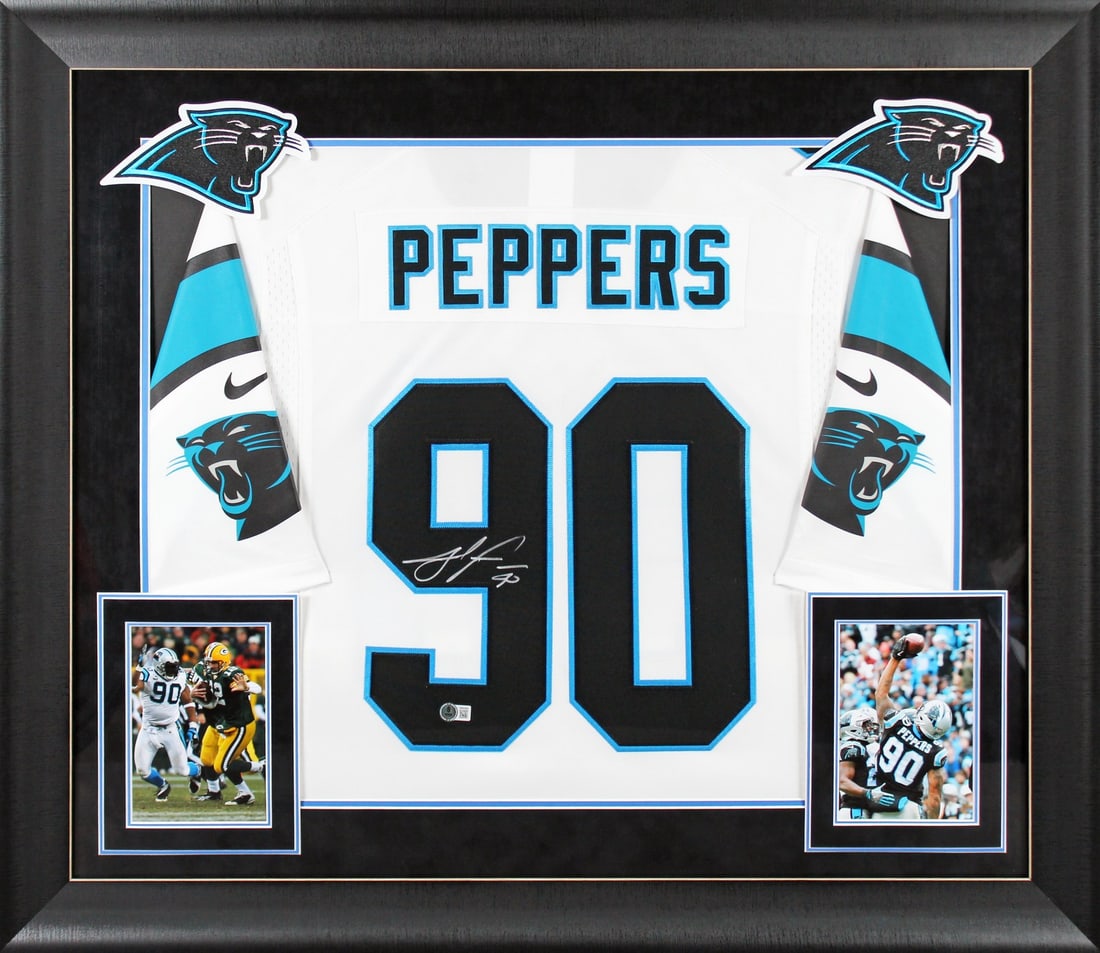 Julius Peppers Signed White Nike Limited Jersey Framed BAS Authenticated: Julius Peppers Signed White Nike Limited Jersey Framed BAS Authenticated This is an original, autographed white Nike Limited jersey of Julius Peppers, a prominent player for the Carolina Panthers. The