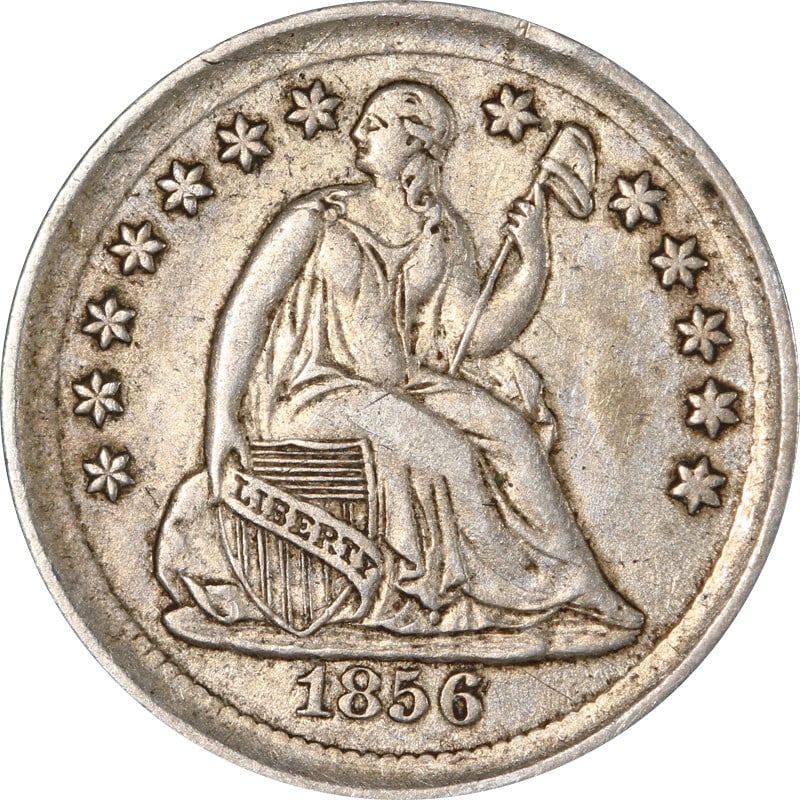 1856 Philadelphia Mint Silver Half Dime Seated Liberty Design: 1856 Philadelphia Mint Silver Half Dime Seated Liberty Design This is an 1856-P Seated Liberty Half Dime composed of silver with a fineness of 0.9. The coin was minted in Philadelphia and is circulate