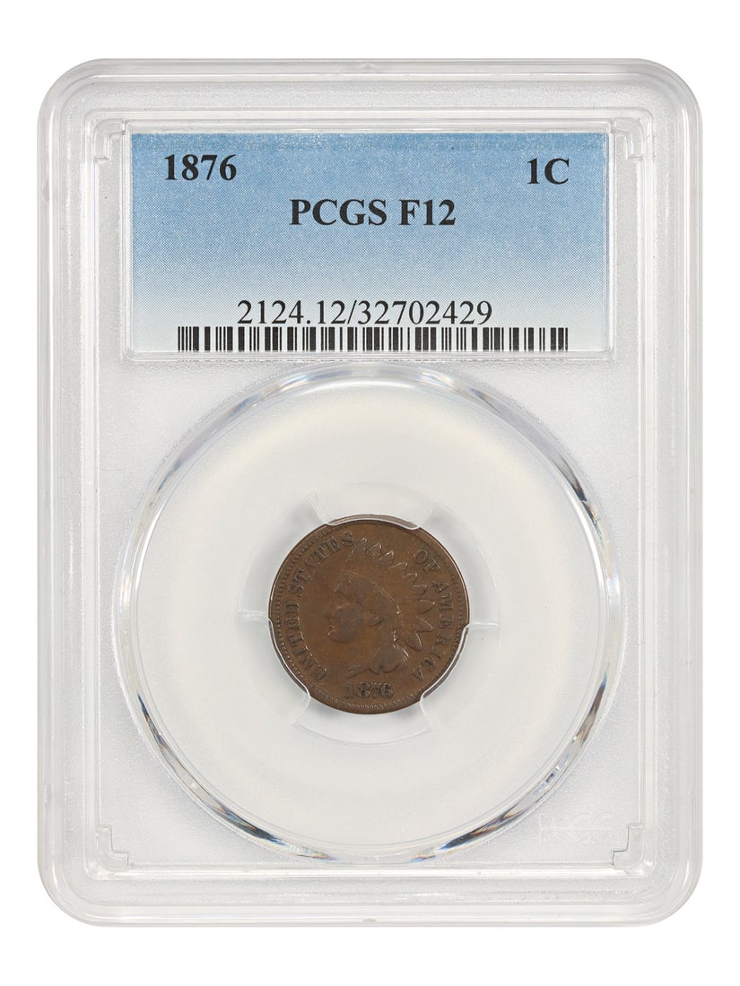 PCGS Fine 12 Indian Head Cent 1876 Philadelphia One Cent Coin: PCGS Fine 12 Indian Head Cent 1876 Philadelphia One Cent Coin This 1876 Indian Cent is certified by PCGS with a grade of Fine 12. It is a circulated example from the Philadelphia Mint, featuring the B