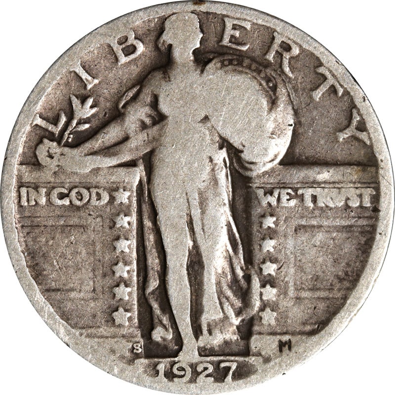 1927 San Francisco Mint Silver Standing Liberty Quarter Coin: 1927 San Francisco Mint Silver Standing Liberty Quarter Coin This 1927-S Standing Liberty Quarter is a circulated coin composed of silver with a fineness of 0.9. Minted in San Francisco, it originates