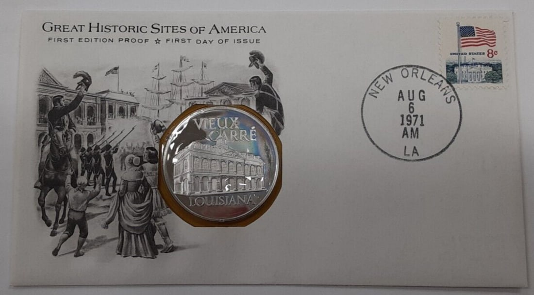 Sterling Silver 1971 Vieux Carre Medal in First Day Cover with 8c Stamp: Sterling Silver 1971 Vieux Carre Medal in First Day Cover with 8c Stamp This limited edition 1971 Vieux Carre, Louisiana Great Historic Sites Silver Proof Medal is presented as a First Day Cover. The