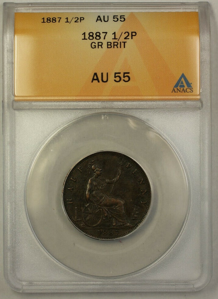 1887 United Kingdom Half Penny Copper Coin ANACS AU 55 Queen Victoria: 1887 United Kingdom Half Penny Copper Coin ANACS AU 55 Queen Victoria This 1887 Great Britain half penny features Queen Victoria and is composed of copper. The coin has been graded AU 55 by ANACS, ind