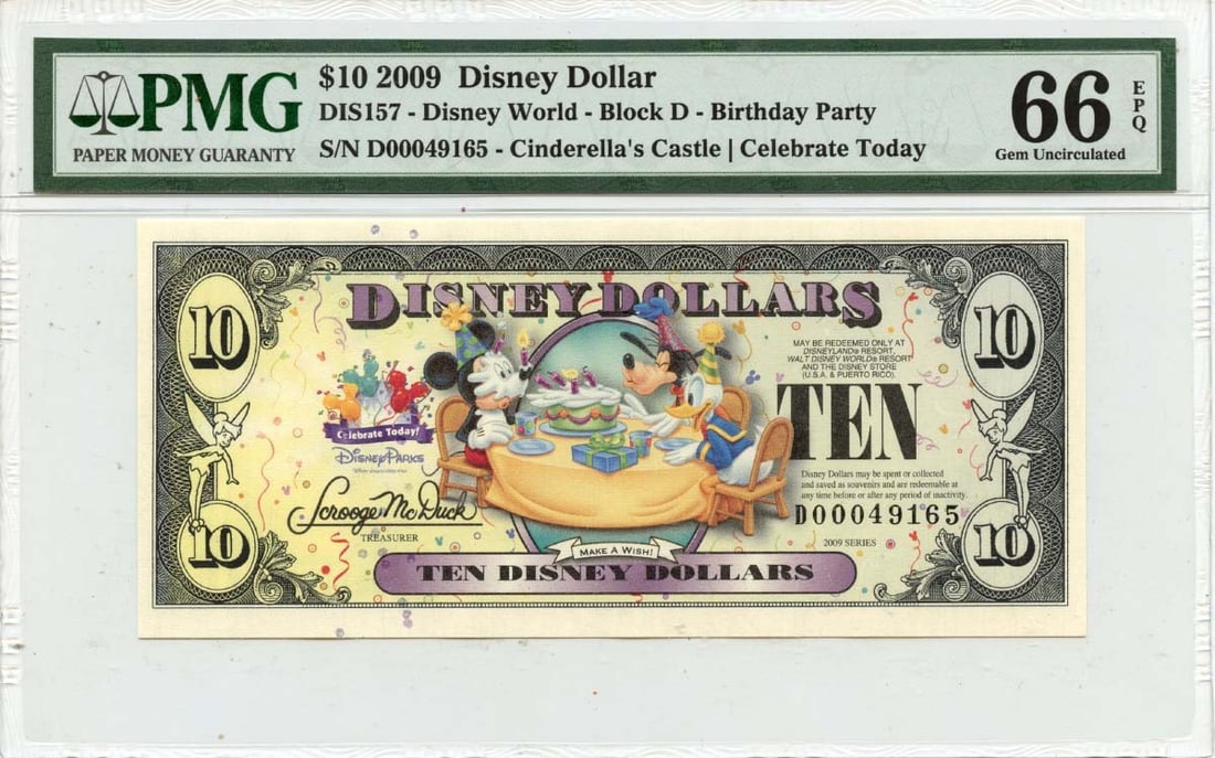 Disney Birthday Party 2009 Ten Dollar Note PMG MS66 EPQ Certified: Disney Birthday Party 2009 Ten Dollar Note PMG MS66 EPQ Certified This 2009 $10 Disney Dollar Birthday Party note is certified by PMG with a GEM 66 EPQ grade, indicating high quality. Issued in the Un