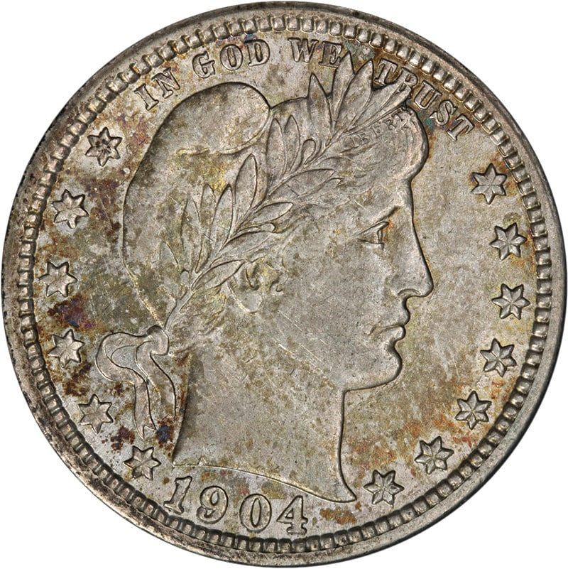 1904-P Barber Quarter AU BU Superb Eye Appeal Strong Strike: 1904-P Barber Quarter AU BU Superb Eye Appeal Strong Strike This 1904-P Barber Quarter is a beautiful example of American numismatics, showcasing superb eye appeal with a nice luster and a strong stri