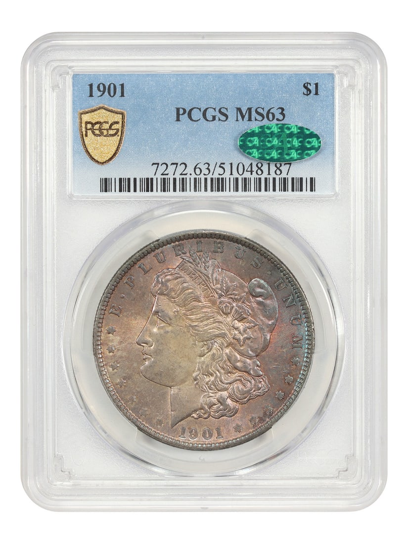 PCGS CAC MS63 1901 Morgan Silver Dollar Philadelphia Key Date: PCGS CAC MS63 1901 Morgan Silver Dollar Philadelphia Key Date This 1901 Morgan Dollar is certified by PCGS and approved by CAC with a grade of MS63, indicating it is uncirculated. Struck at the Philad