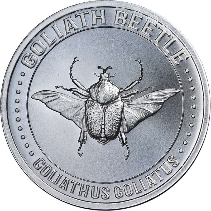 1 oz Silver Goliath Beetle Coin by Intaglio Mint Uncirculated: 1 oz Silver Goliath Beetle Coin by Intaglio Mint Uncirculated This Intaglio Mint 1 Ounce Silver Goliath Beetle coin features a .999 fine silver composition and is in mint state condition. Uncirculated