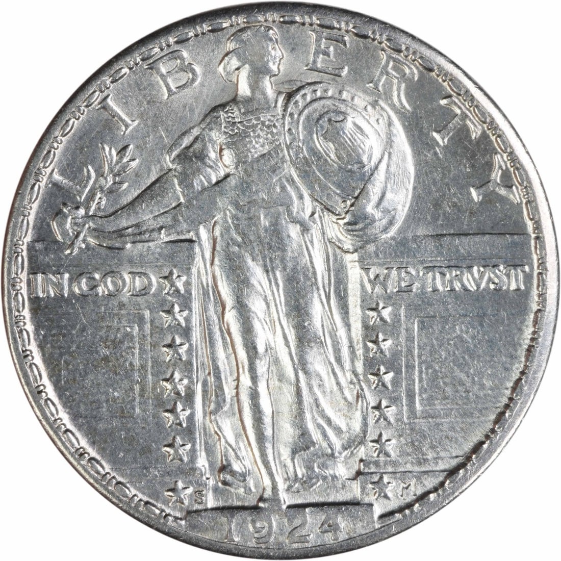 1924 San Francisco Standing Liberty Quarter 90 Percent Silver AU Uncertified: 1924 San Francisco Standing Liberty Quarter 90 Percent Silver AU Uncertified This 1924-S Standing Liberty Quarter is an attractive example from the San Francisco Mint. Composed of 90% silver and 10% c