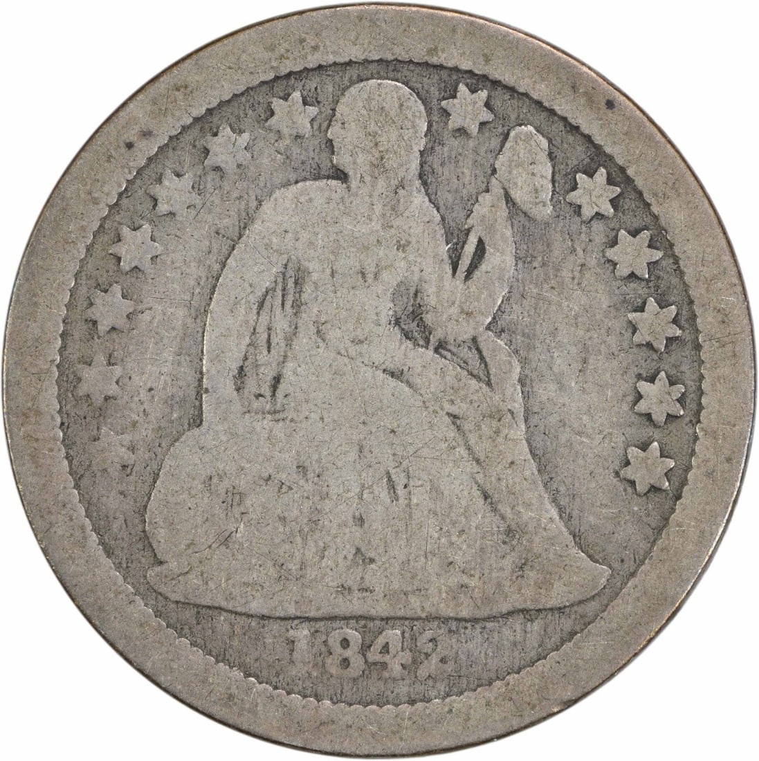 1842-O Liberty Seated Silver Dime 90% Silver Uncertified: 1842-O Liberty Seated Silver Dime 90% Silver Uncertified This 1842-O Liberty Seated Silver Dime features a historic design by Christian Gobrecht. It is a circulated coin from the New Orleans mint with
