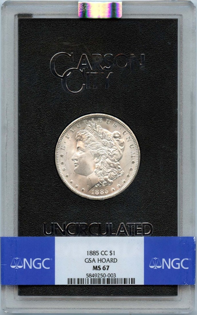 NGC MS67 1885 Carson City Morgan Silver Dollar GSA Hoard: NGC MS67 1885 Carson City Morgan Silver Dollar GSA Hoard This is an uncirculated 1885-CC Morgan Dollar from the GSA Hoard, graded MS67 by NGC. Minted in Carson City, this silver dollar is a highly col