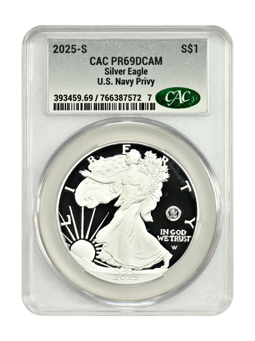 2025 Silver Eagle Dollar Navy Privy Proof CACG PR69DCAM San Francisco: 2025 Silver Eagle Dollar Navy Privy Proof CACG PR69DCAM San Francisco This 2025 $1 Silver Eagle is a modern bullion coin featuring the U.S. Navy Privy Mark on the right obverse field. Struck at the Sa