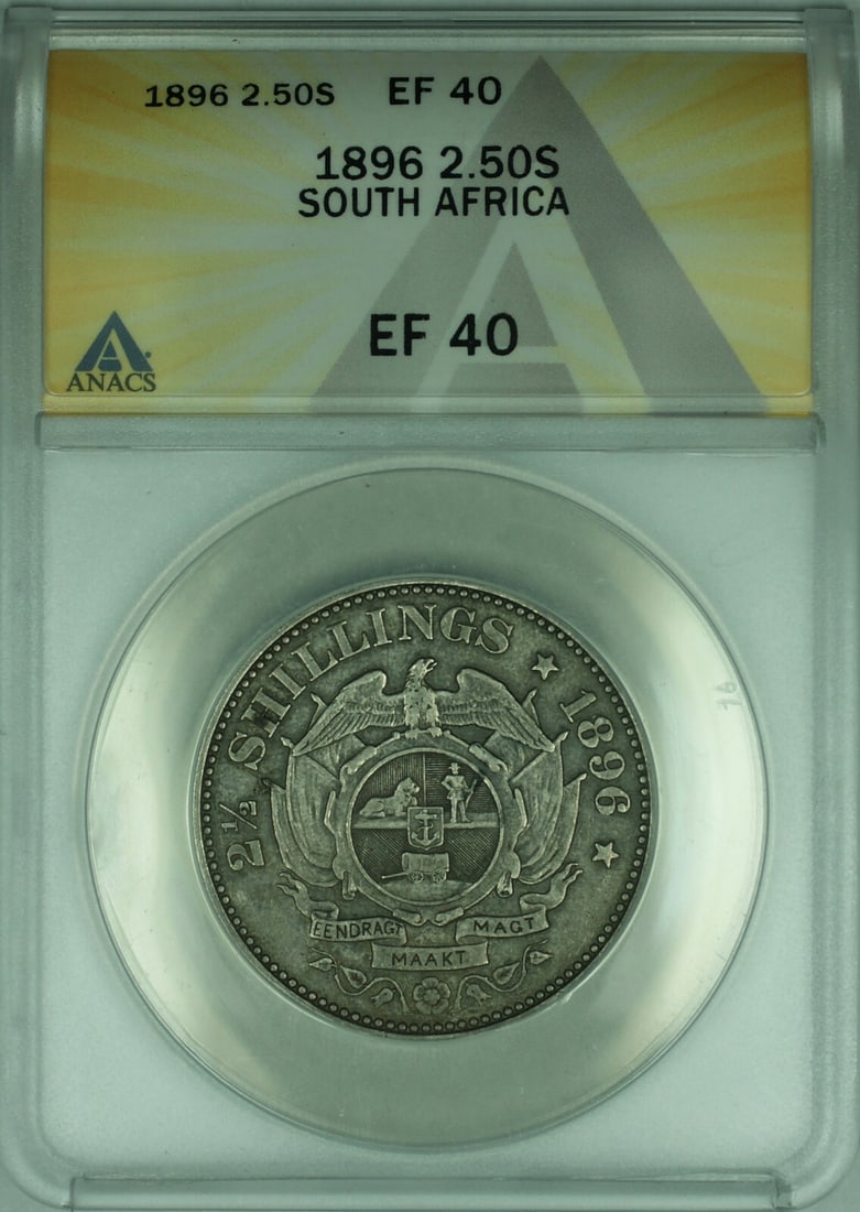 South Africa 1896 2.5 Shillings Silver ANACS XF 40 Certified Coin: South Africa 1896 2.5 Shillings Silver ANACS XF 40 Certified Coin This 1896 South Africa 2 1/2 Shillings coin is composed of 0.925 fine silver and has been certified by ANACS with a grade of EF-40 (Ex