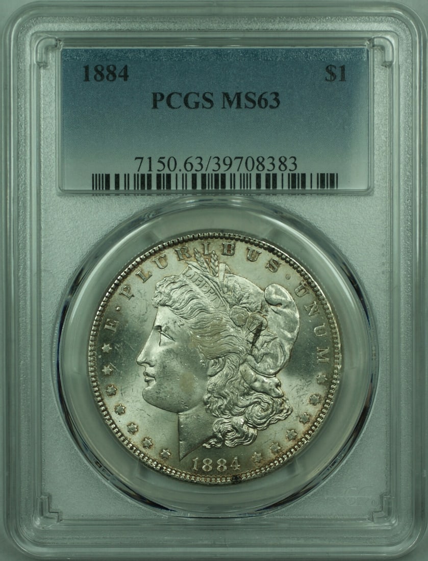 PCGS MS63 1884 Morgan Dollar Silver Coin United States $1: PCGS MS63 1884 Morgan Dollar Silver Coin United States $1 This 1884 Morgan Silver Dollar is an uncirculated $1 coin graded MS-63 by PCGS. Composed of silver with a fineness of 0.9, it was minted in Ph