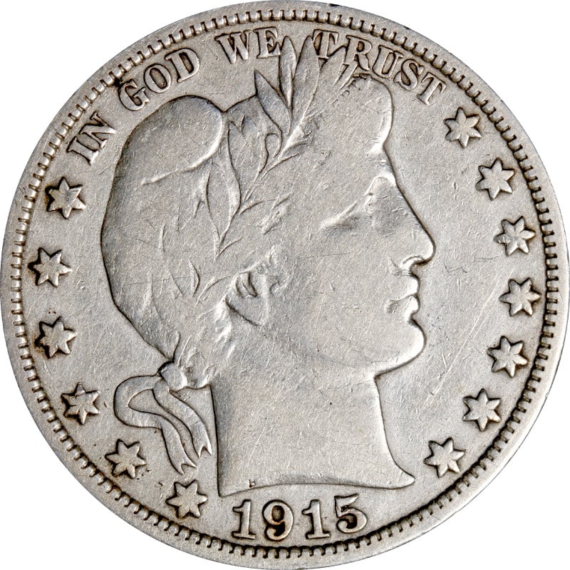 1915 Denver Mint Silver Barber Half Dollar Coin: 1915 Denver Mint Silver Barber Half Dollar Coin This is a 1915-D Barber Half Dollar, minted in Denver. The coin is composed of silver with a fineness of 0.9 and is in circulated, pre-owned condition.