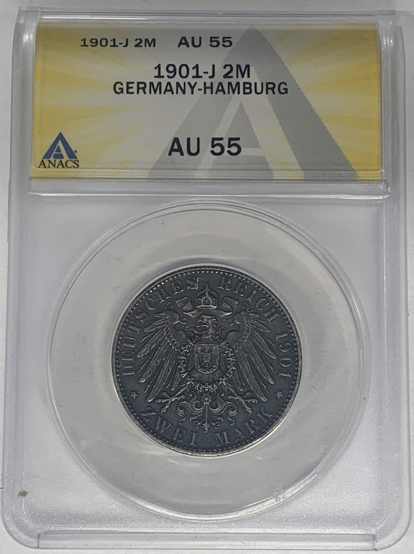 ANACS AU 55 graded 1901 German Empire 2 Mark coin: ANACS AU 55 graded 1901 German Empire 2 Mark coin This 1901-J Germany 2 Marks coin originates from the German Empire period (1871-1918) and has been graded AU 55 by ANACS. It is a pre-owned collectibl