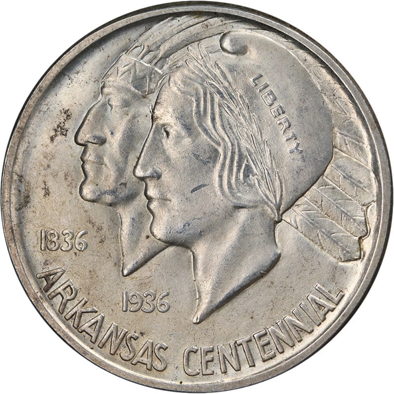 Uncirculated 1938-D Silver Arkansas Commemorative Half Dollar with Strong Luster: Uncirculated 1938-D Silver Arkansas Commemorative Half Dollar with Strong Luster This 1938-D Arkansas Commemorative Half Dollar is an uncirculated silver coin with attractive luster and a sharp strike