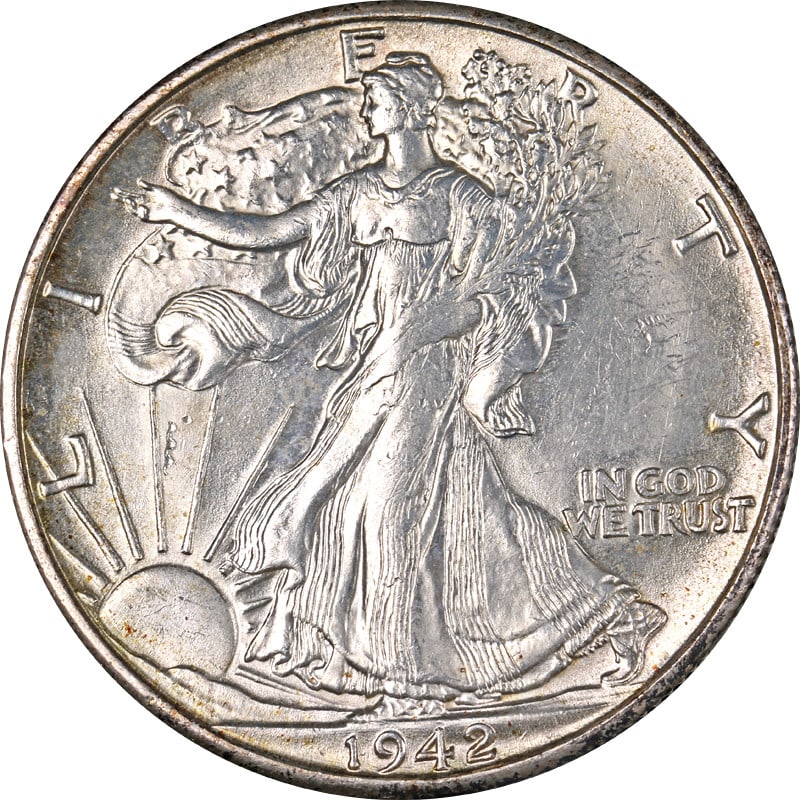 Silver 1942 Denver Mint Walking Liberty Half Dollar Circulated US Coin (1 of 2)