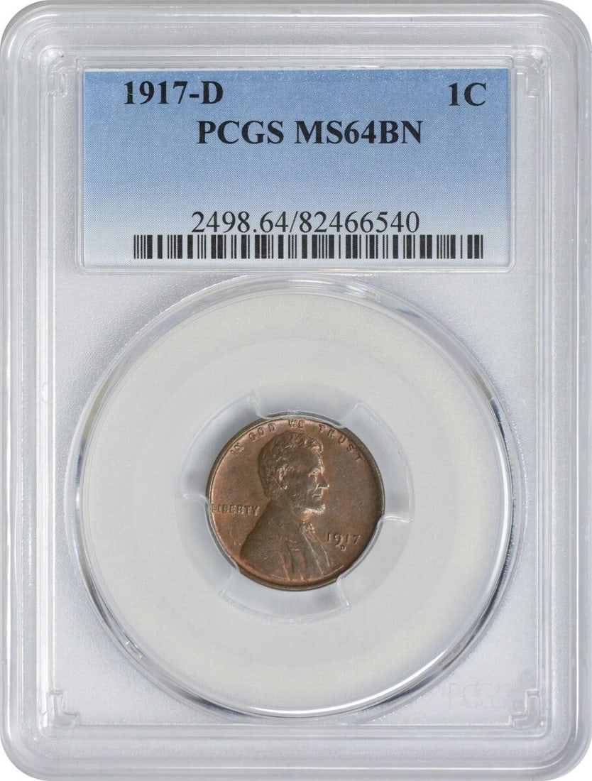 1917 Denver Lincoln Wheat Cent MS64BN Certified by PCGS: 1917 Denver Lincoln Wheat Cent MS64BN Certified by PCGS This 1917-D Lincoln Wheat Cent is graded MS64BN by PCGS, indicating an uncirculated condition with attractive brown toning. Struck at the Denver