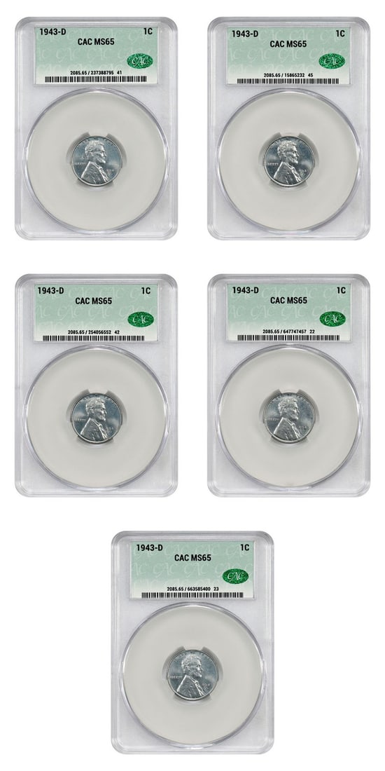 10 CACG MS65 1943-D Lincoln Steel Wheat Cents Uncirculated Lot: 10 CACG MS65 1943-D Lincoln Steel Wheat Cents Uncirculated Lot This lot includes ten 1943-D Lincoln Cents with the Wheat Reverse, each certified by CACG as MS65. These uncirculated steel cents were mi