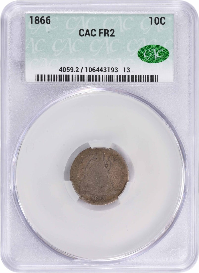 1866 Seated Liberty Silver Dime CACG Certified Fair Grade: 1866 Seated Liberty Silver Dime CACG Certified Fair Grade This 1866 Liberty Seated Silver Dime was minted in Philadelphia and features the design by Christian Gobrecht. Composed of 90% silver and 10%