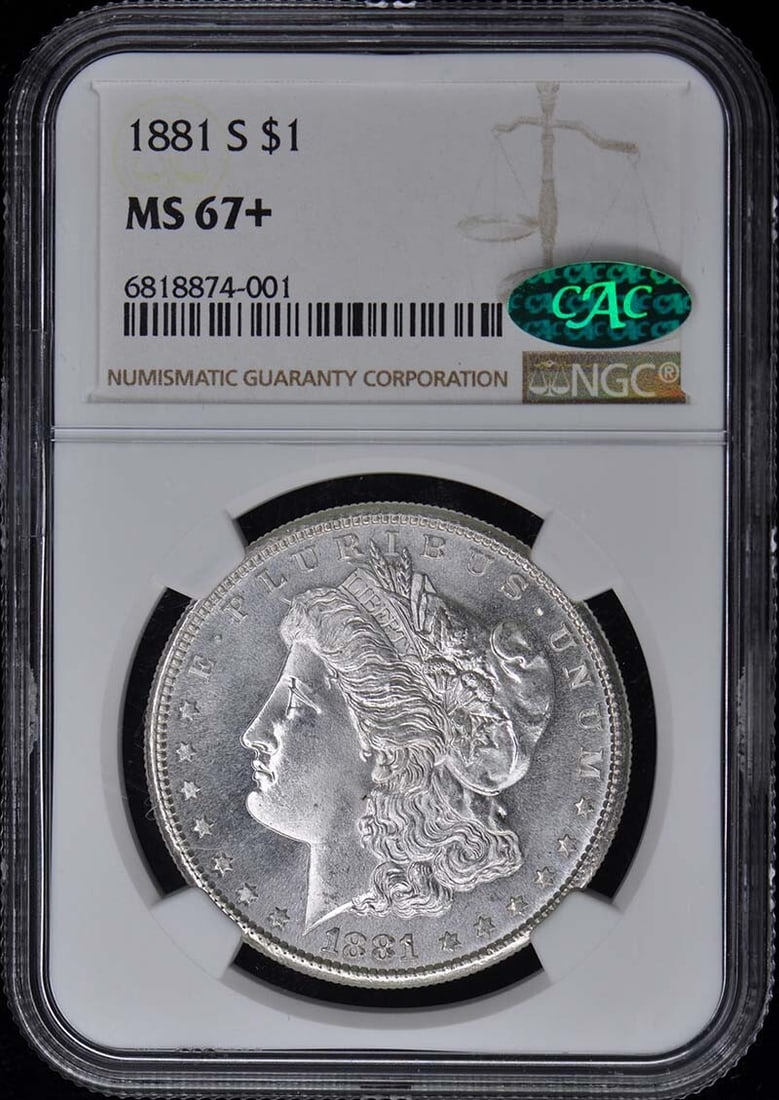 1881-S Morgan Dollar NGC MS67+ CAC Certification San Francisco: 1881-S Morgan Dollar NGC MS67+ CAC Certification San Francisco This stunning 1881-S Morgan Dollar is graded MS67+ by NGC, showcasing exceptional quality and detail. It is an uncirculated coin from the