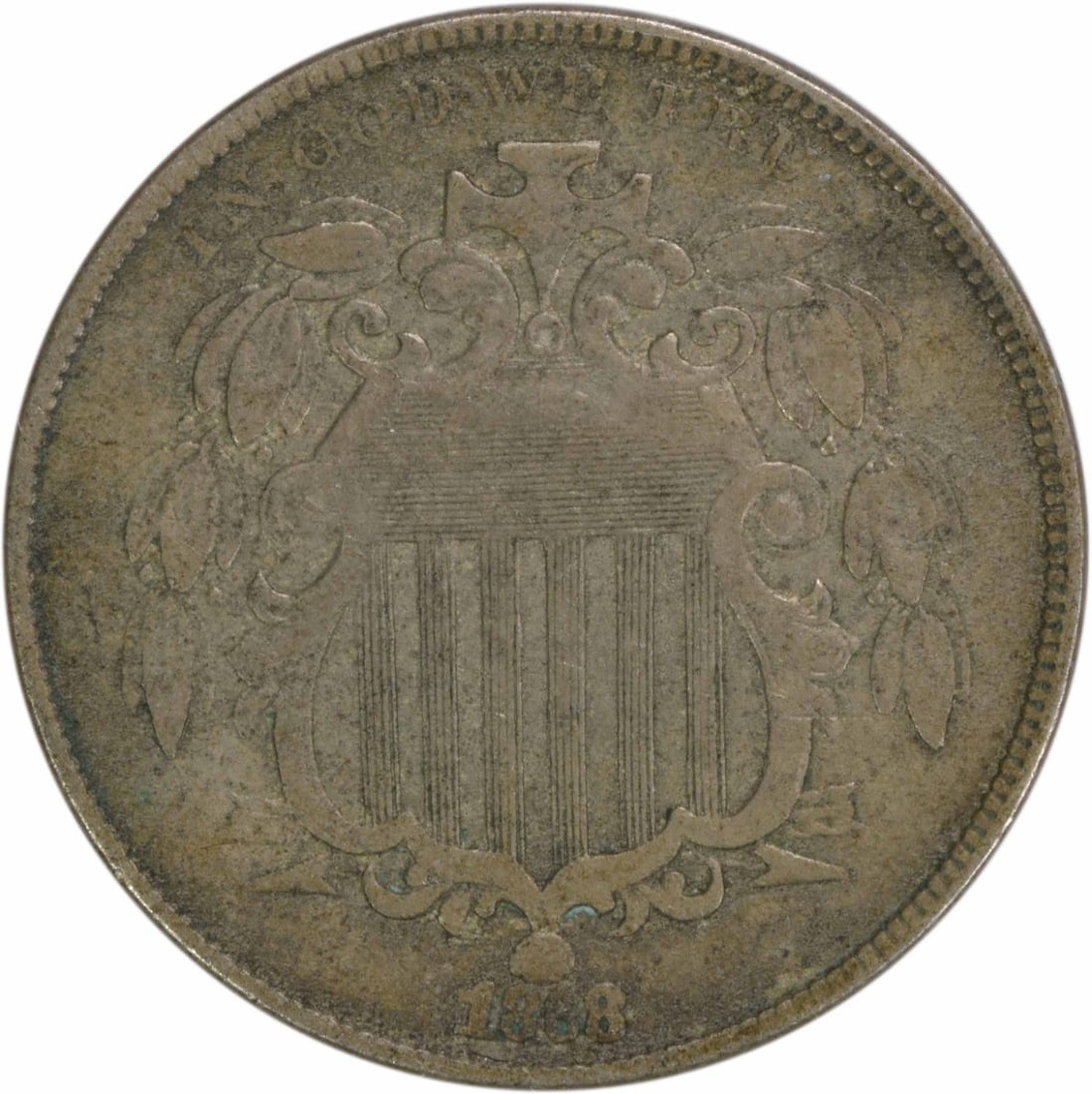 1868 Shield Nickel 5C EF Circulated Uncertified: 1868 Shield Nickel 5C EF Circulated Uncertified This 1868 Shield Nickel is a noteworthy piece of American numismatic history. It showcases an EF (Extremely Fine) grade, indicating that it has been cir