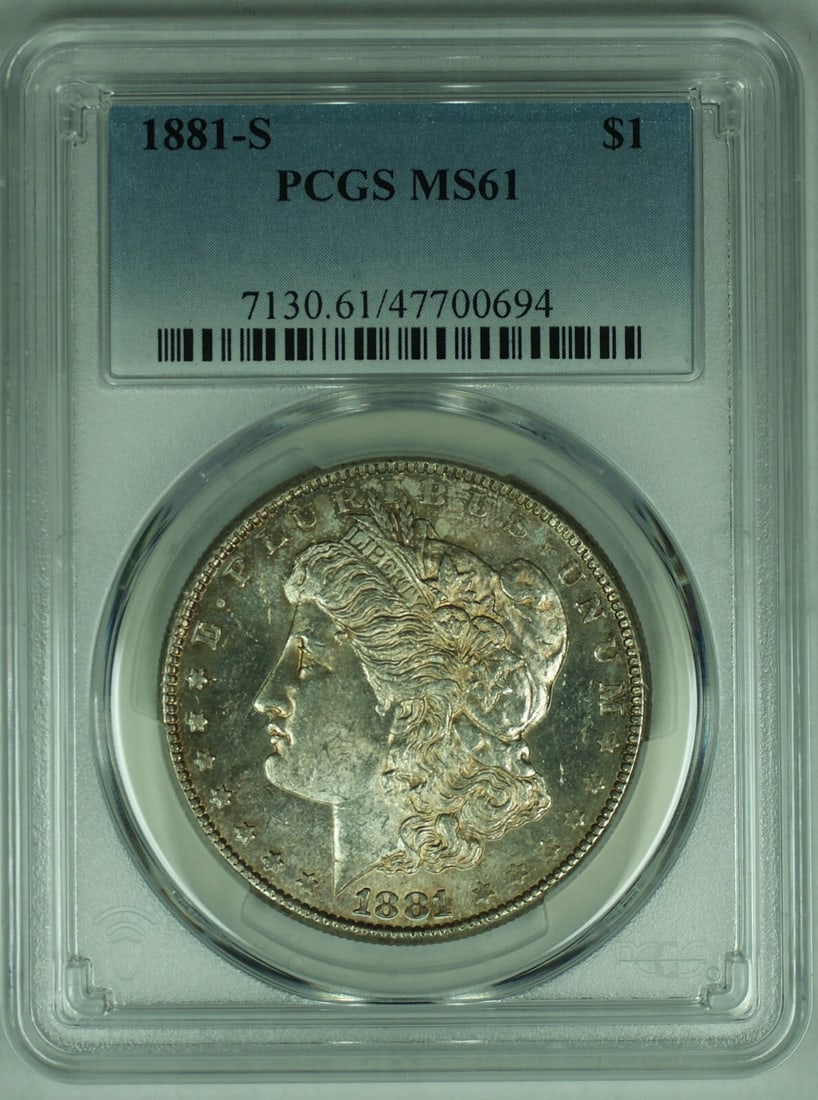 PCGS MS61 Plus 1881-S Morgan Silver Dollar with Toning: PCGS MS61 Plus 1881-S Morgan Silver Dollar with Toning This is an 1881-S Morgan Silver Dollar featuring natural toning. The coin is composed of silver and has a denomination of $1. Certified by PCGS w