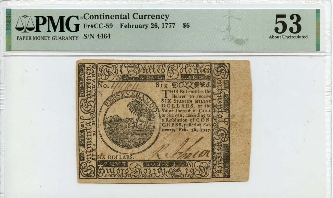 1777 $6 Continental Currency PMG AU53 Type CC-59 Certified Note (1 of 2)