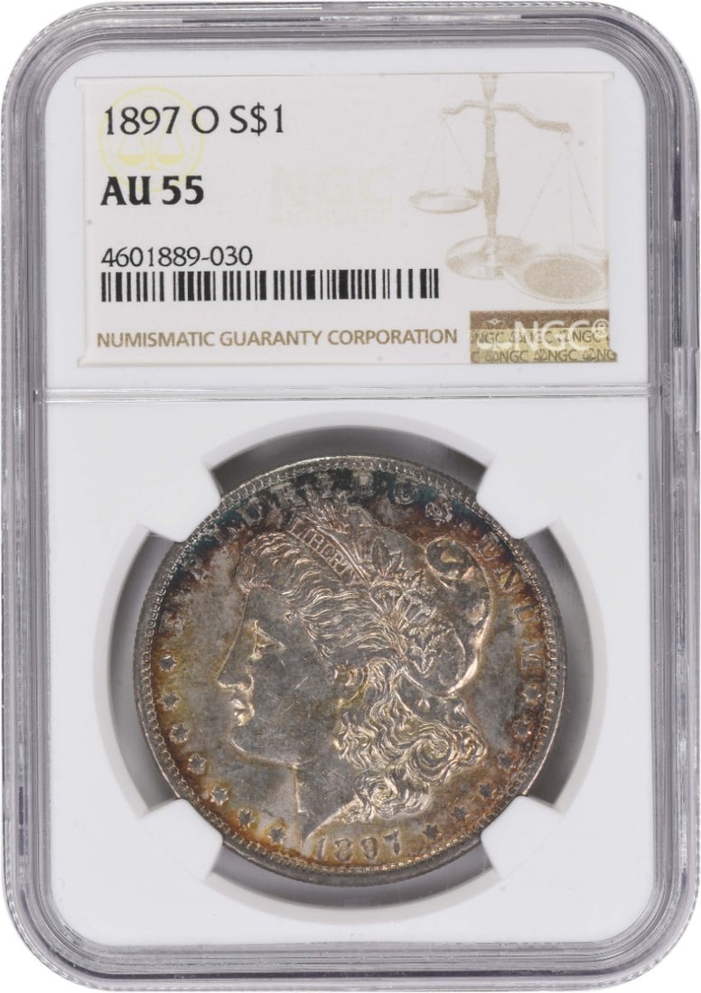 AU55 Graded 1897-O Morgan Dollar NGC Certified 90 Percent Silver Coin: AU55 Graded 1897-O Morgan Dollar NGC Certified 90 Percent Silver Coin This 1897-O Morgan Silver Dollar was struck at the New Orleans Mint and certified by NGC with an AU55 grade. Composed of 90% silve