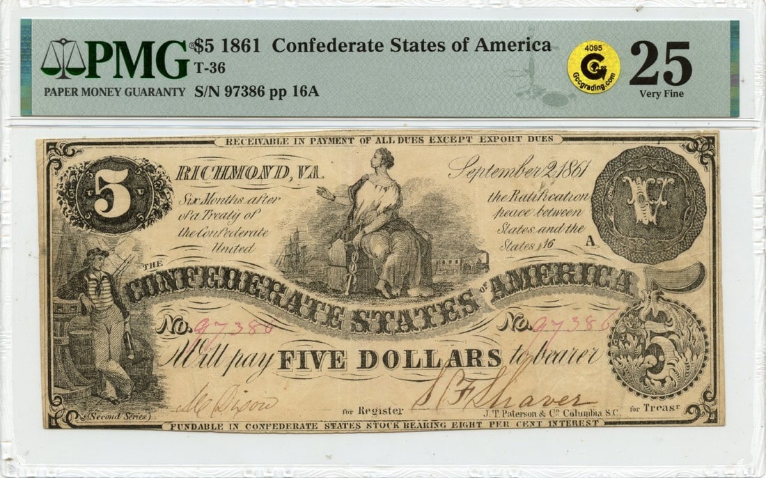 1861 $5 Confederate States T-36 PMG VF25 Certified Note (1 of 3)