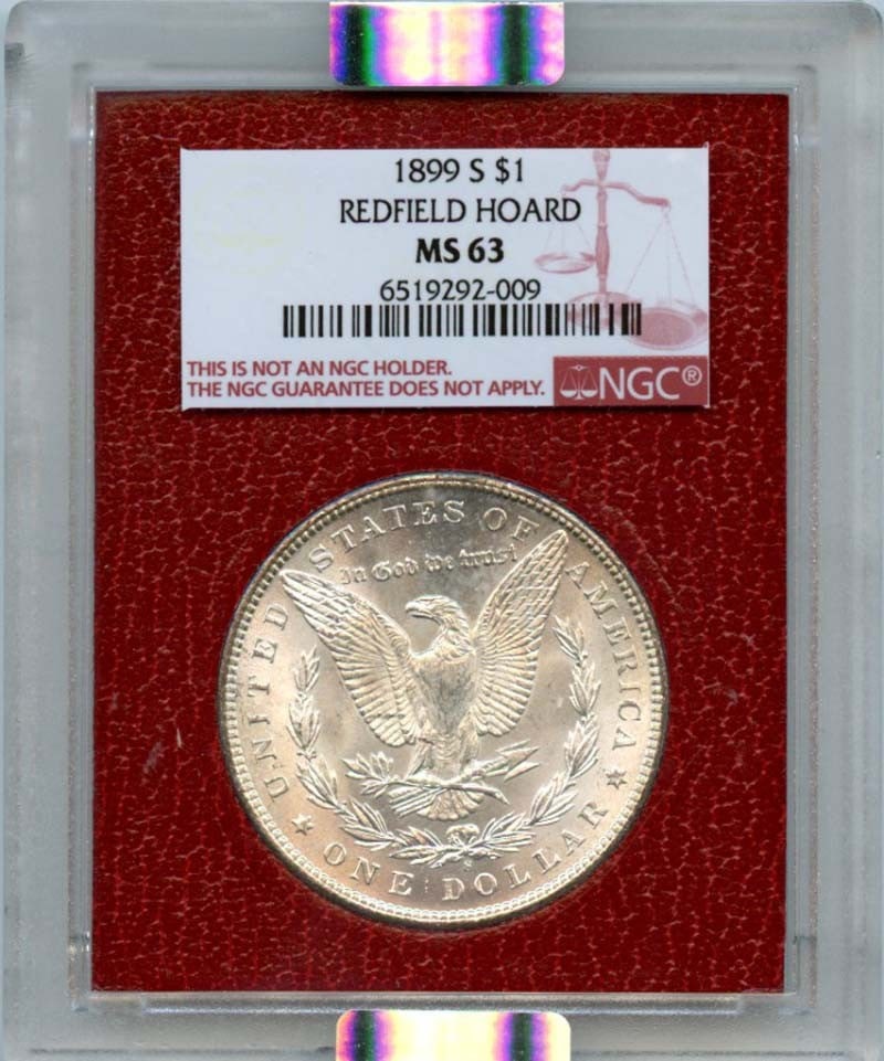 1899-S Morgan Dollar NGC MS63 Uncirculated Redfield Hoard: 1899-S Morgan Dollar NGC MS63 Uncirculated Redfield Hoard This 1899-S Morgan Dollar is graded as MS63 by NGC, ensuring its excellent uncirculated condition. Minted in San Francisco, this coin is part