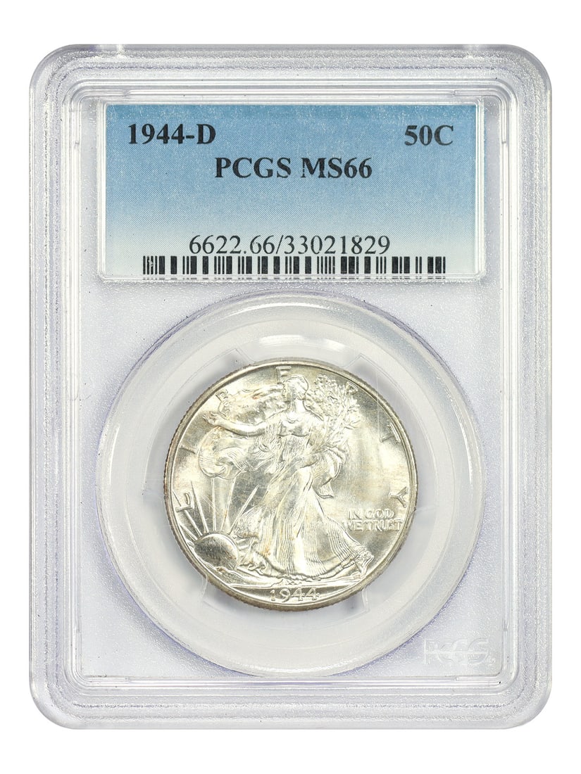PCGS MS66 1944-D Walking Liberty Denver Mint Half Dollar: PCGS MS66 1944-D Walking Liberty Denver Mint Half Dollar This 1944-D Walking Liberty Half Dollar is certified by PCGS with a grade of MS66. It is an uncirculated coin minted in Denver and features the