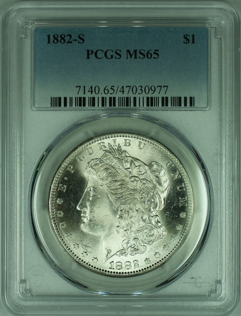 PCGS MS 65 1882 San Francisco Morgan Dollar Silver Coin: PCGS MS 65 1882 San Francisco Morgan Dollar Silver Coin This is an 1882-S Morgan Silver Dollar coin graded MS-65 by PCGS. Struck at the San Francisco Mint, this uncirculated coin is composed of silver