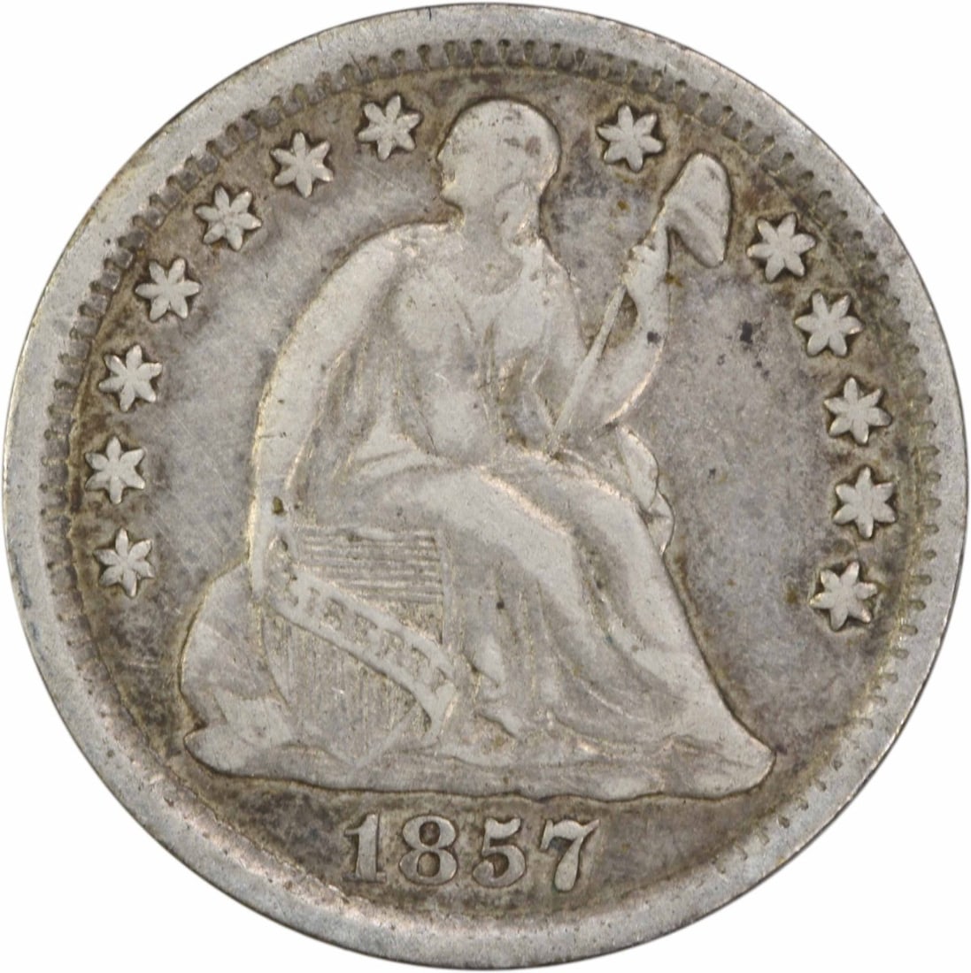 1857 Liberty Seated Half Dime EF Uncertified 90% Silver Coin: 1857 Liberty Seated Half Dime EF Uncertified 90% Silver Coin This 1857 Liberty Seated Silver Half Dime is a remarkable piece of American history. Struck in Philadelphia, this coin features a beautiful