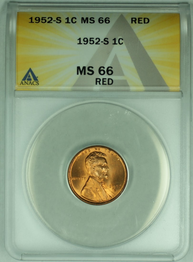 1952-S Lincoln Wheat Small Cent ANACS MS 66 RD Certified Red Coin: 1952-S Lincoln Wheat Small Cent ANACS MS 66 RD Certified Red Coin This is a 1952-S Lincoln Wheat Cent 1C coin, graded MS 66 RD by ANACS. The coin is uncirculated and features the classic Lincoln Wheat