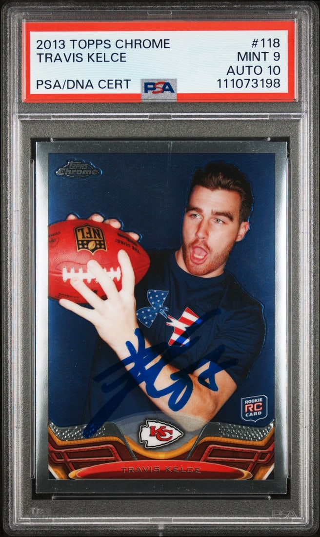 Travis Kelce 2013 Topps Chrome #118 Rookie Card PSA 9 Auto 10 Signed: Travis Kelce 2013 Topps Chrome #118 Rookie Card PSA 9 Auto 10 Signed This 2013 Topps Chrome #118 Rookie Card, personally signed by Travis Kelce, showcases his exceptional talent. Graded Mint 9 with an
