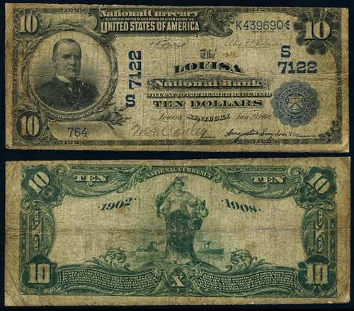 1902 DB Louisa KY $10 National Bank Note Ch #7122 Circulated (1 of 3)