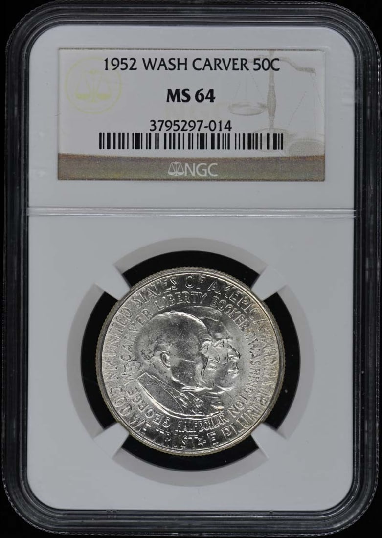 1952 Silver 50C Washington-Carver Commemorative NGC MS64 Coin: 1952 Silver 50C Washington-Carver Commemorative NGC MS64 Coin This 1952 Washington-Carver 50-cent silver commemorative coin is graded MS64 by NGC and remains uncirculated. Minted in Philadelphia, it i