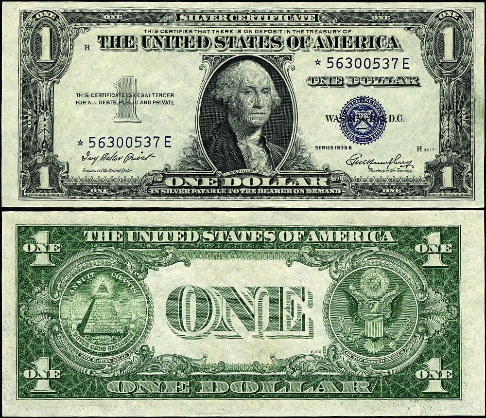 1935-E $1 Silver Certificate Star Note E Block Uncirculated FR 1614*: 1935-E $1 Silver Certificate Star Note E Block Uncirculated FR 1614* This is a 1935-E $1 Silver Certificate Star Note, FR. 1614*, from the *-E block. The note is in Choice Crisp Uncirculated Plus (CU+