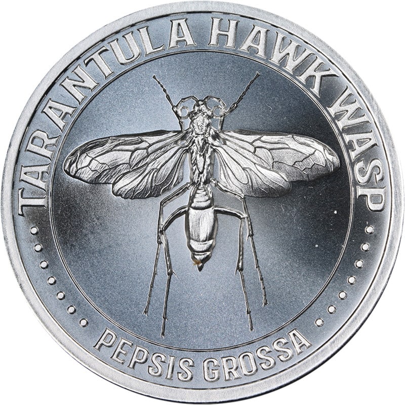 1 oz Silver Tarantula Hawk Wasp Round by Intaglio Mint Uncirculated: 1 oz Silver Tarantula Hawk Wasp Round by Intaglio Mint Uncirculated This Intaglio Mint 1 ounce silver round features a Tarantula Hawk Wasp design. Struck in .999 fine silver, it is uncirculated and in