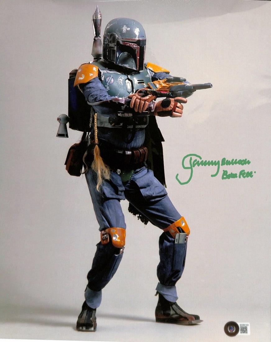 11x14 Photo Signed by Jeremy Bulloch as Boba Fett with Beckett Authentication: 11x14 Photo Signed by Jeremy Bulloch as Boba Fett with Beckett Authentication This is an original 11x14 photograph autographed by Jeremy Bulloch, who portrayed Boba Fett in Star Wars: The Empire Strik