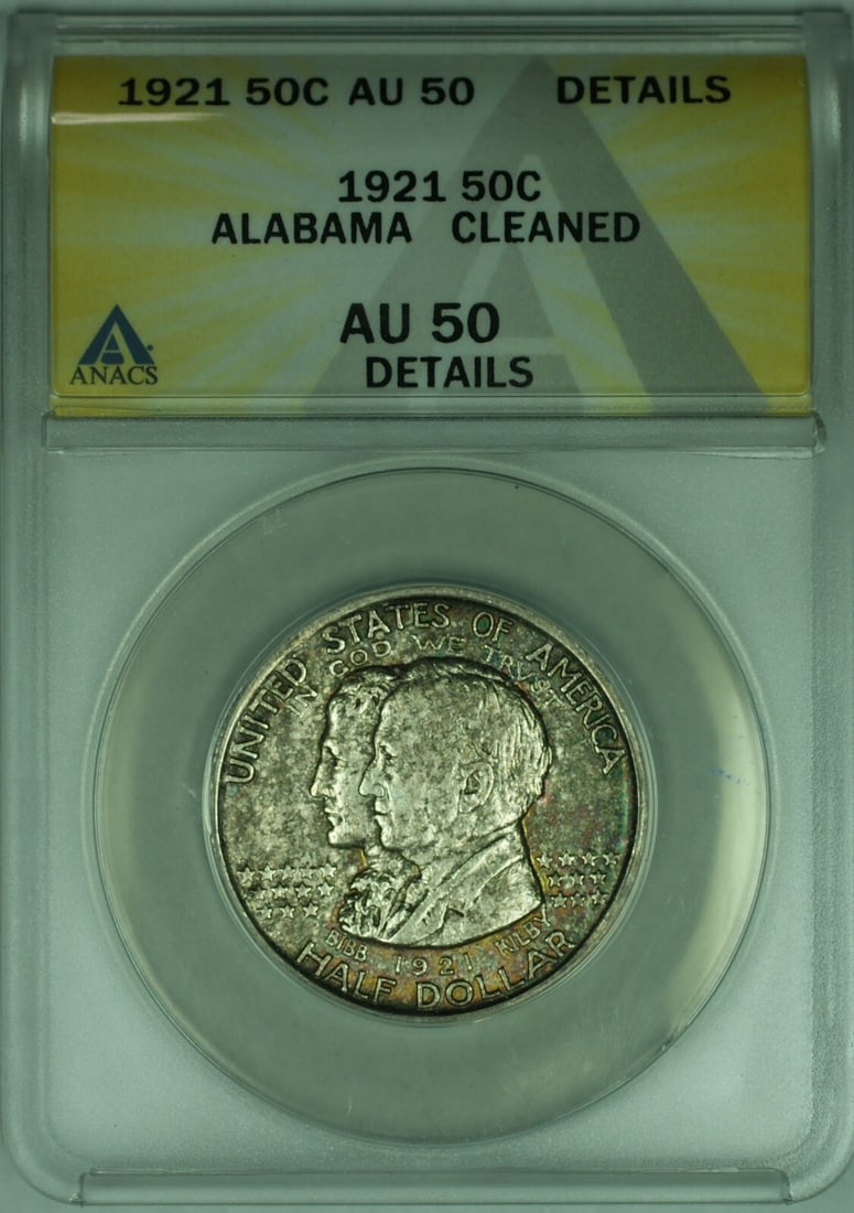 ANACS AU-50 Alabama 1921 Silver Commemorative Half Dollar Cleaned: ANACS AU-50 Alabama 1921 Silver Commemorative Half Dollar Cleaned This 1921 Alabama Commemorative Silver Half Dollar is a fifty-cent coin struck in Philadelphia, composed of 90% silver. Graded AU-50 D