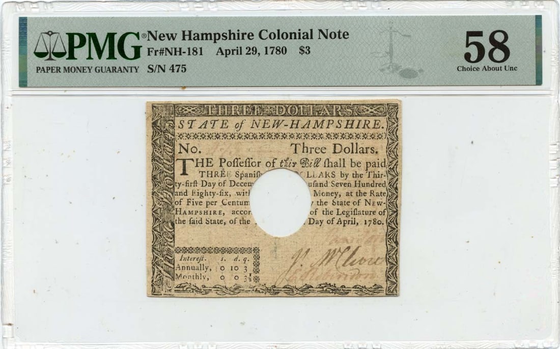 1780 New Hampshire $3 Colonial Note FR#NH-181 PMG AU58 Certified: 1780 New Hampshire $3 Colonial Note FR#NH-181 PMG AU58 Certified This $3 New Hampshire Colonial Note, dated April 29, 1780, is a remarkable piece of history. Graded AU58 by PMG, it showcases the beaut