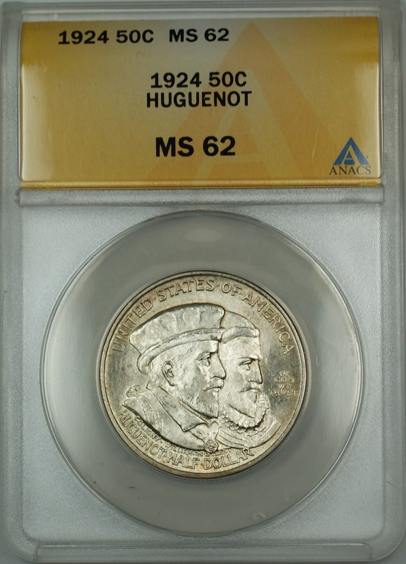 ANACS MS 62 1924 Huguenot Silver Half Dollar from Philadelphia: ANACS MS 62 1924 Huguenot Silver Half Dollar from Philadelphia This 1924 Huguenot Commemorative Silver Half Dollar has been graded MS-62 by ANACS. Struck in Philadelphia, this uncirculated coin commem