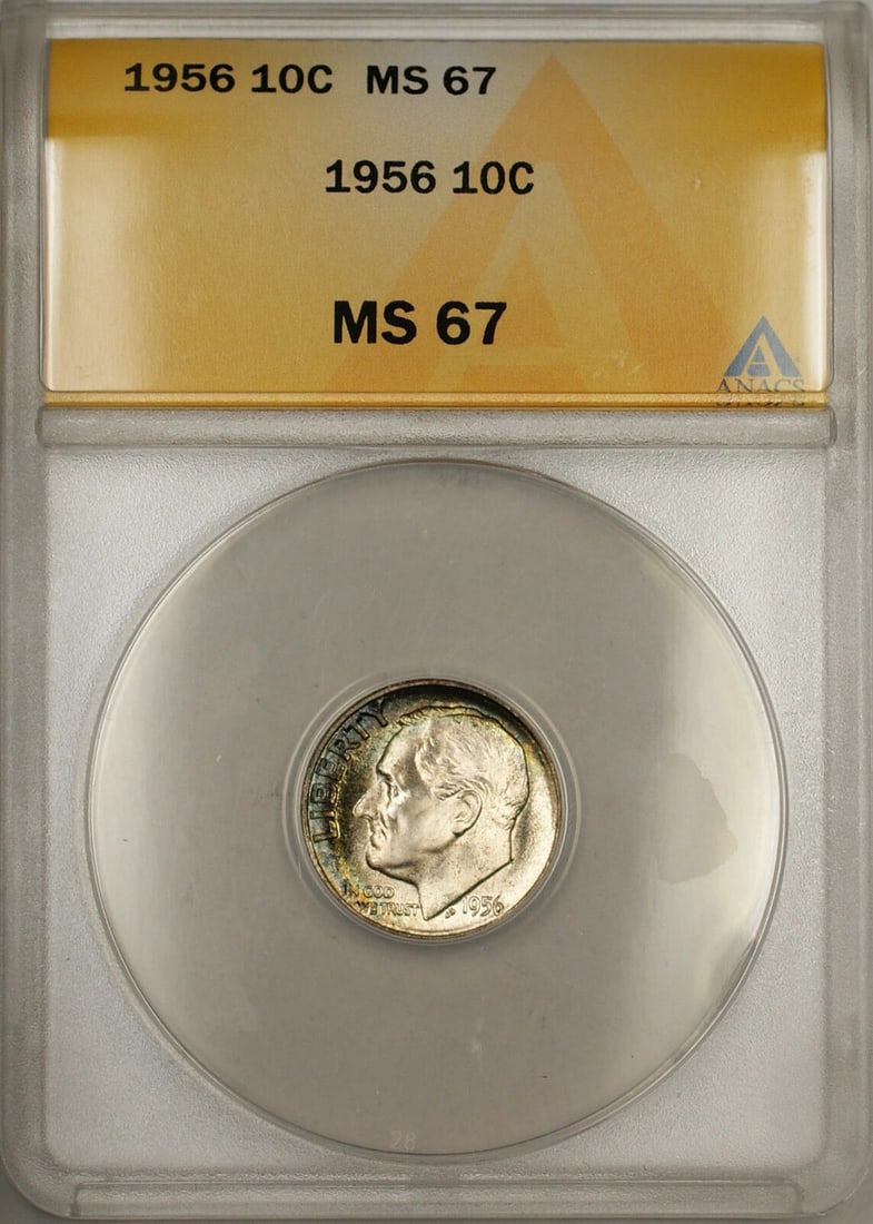 ANACS MS-67 1956 Roosevelt Silver Dime Toned Philadelphia 10c Coin: ANACS MS-67 1956 Roosevelt Silver Dime Toned Philadelphia 10c Coin This 1956 Silver Roosevelt Dime is graded MS-67 by ANACS and features attractive toning. Minted in Philadelphia, this uncirculated 10