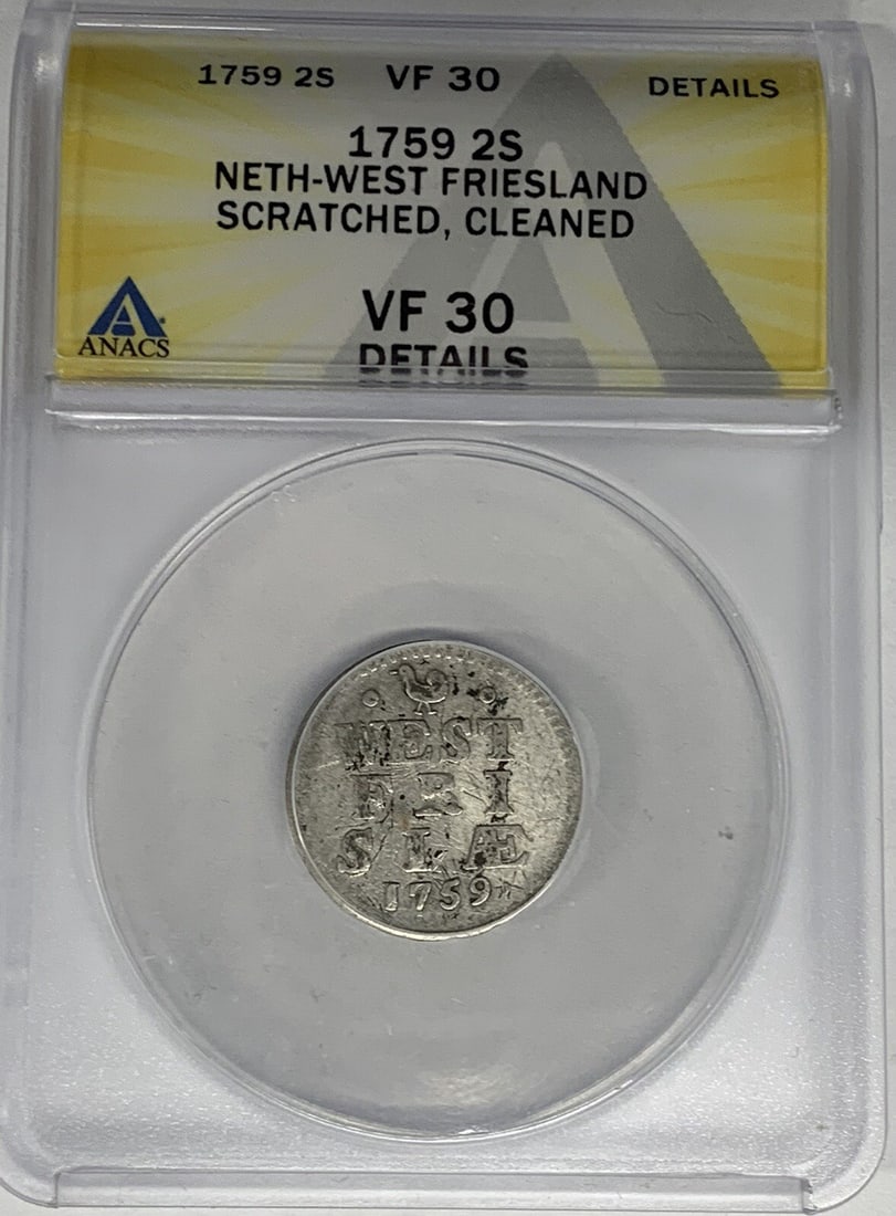 1759 Silver 2 Stuivers Coin Netherlands W Friesland ANACS VF 30 Certified: 1759 Silver 2 Stuivers Coin Netherlands W Friesland ANACS VF 30 Certified This 1759 Netherlands West Friesland 2 Stuivers coin is composed of silver and has been officially certified by ANACS with a g