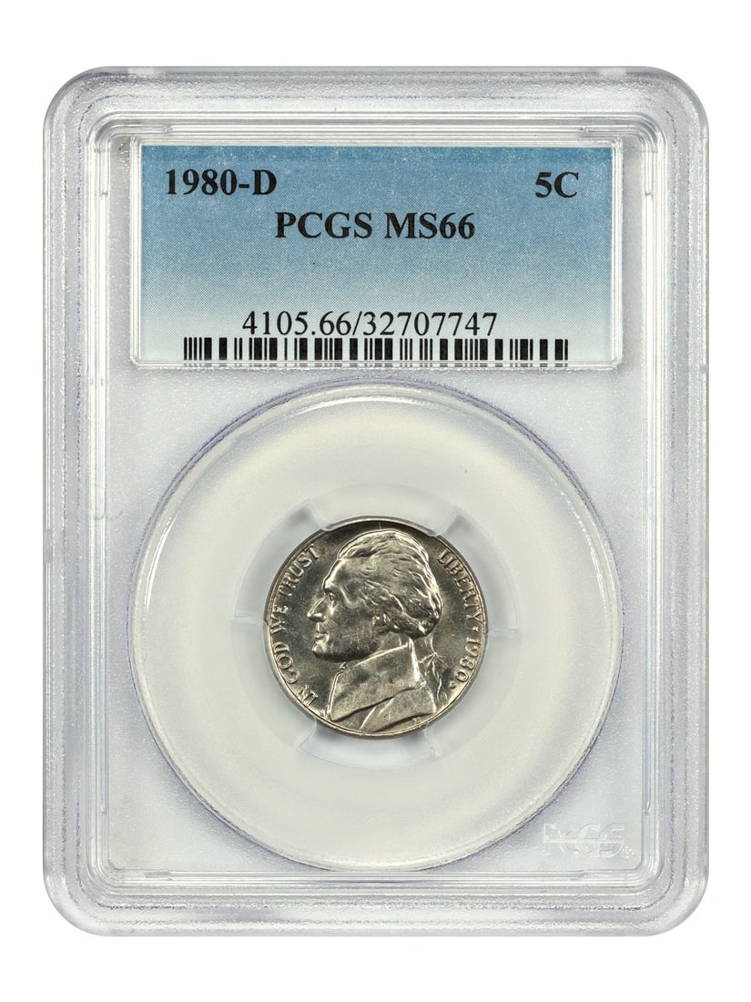 PCGS MS66 1980 Denver Jefferson Nickel Five Cent Coin: PCGS MS66 1980 Denver Jefferson Nickel Five Cent Coin This is a 1980-D Jefferson Nickel graded MS66 by PCGS. The coin is uncirculated and was minted in Denver. It features a 5-cent denomination and is