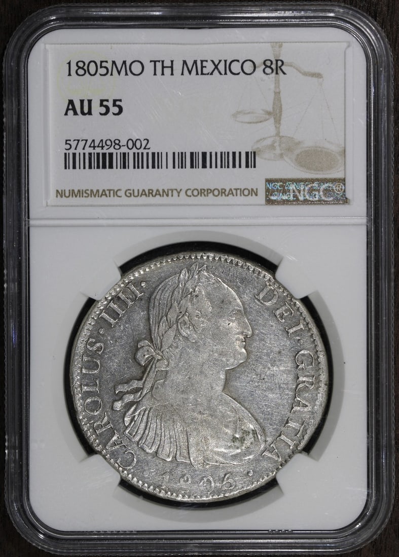 1805 Mo TH Mexico 8 Reale Coin NGC AU55 Silver Prooflike: 1805 Mo TH Mexico 8 Reale Coin NGC AU55 Silver Prooflike This 1805-Mo TH Mexico 8 Reale coin features beautiful prooflike surfaces, showcasing its historical significance from the Second Republic peri