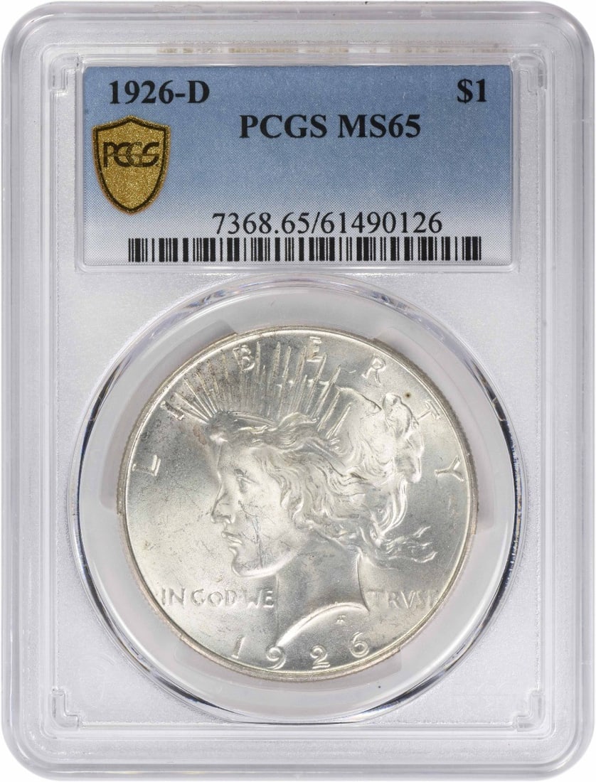 MS65 PCGS Graded 1926 Denver Peace Dollar 90 Percent Silver: MS65 PCGS Graded 1926 Denver Peace Dollar 90 Percent Silver This 1926-D Peace Silver Dollar is graded MS65 by PCGS, indicating it is in un-used condition. Minted in Denver, this coin features a compos