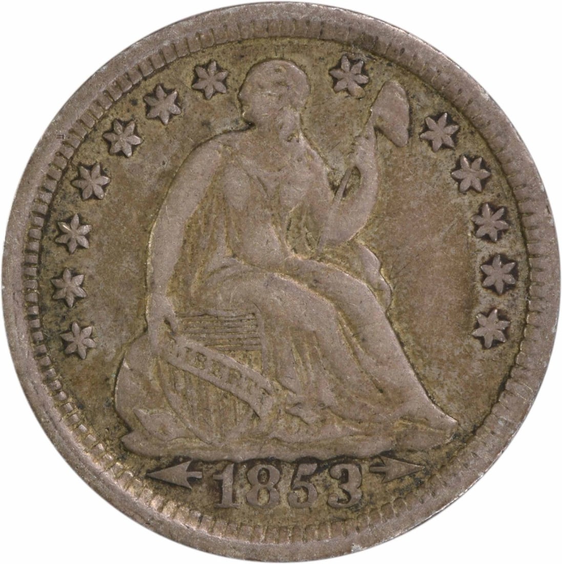 1853 Liberty Seated Half Dime Silver Coin Uncertified: 1853 Liberty Seated Half Dime Silver Coin Uncertified This 1853 Liberty Seated Silver Half Dime showcases a classic design by Christian Gobrecht, representative of American coinage from the mid-19th c