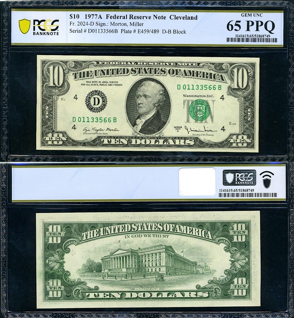 1977-A $10 Cleveland Federal Reserve Note D-B Block PCGS CU65 (1 of 3)
